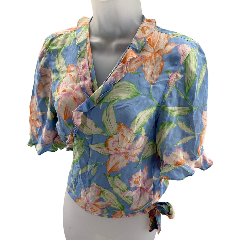 Lauren Ralph Lauren Blue Silk Floral Wrap Blouse Short Sleeve Ruffle Top Medium - Picture 7 of 7